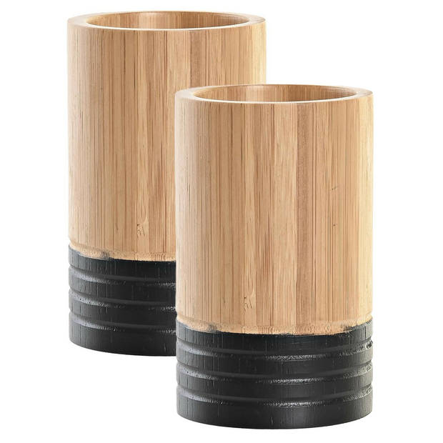 Badkamer tandenborstelhouder / drinkbeker - 2x - hout/zwart - 7 x 11 cm - Tandenborstelhouders