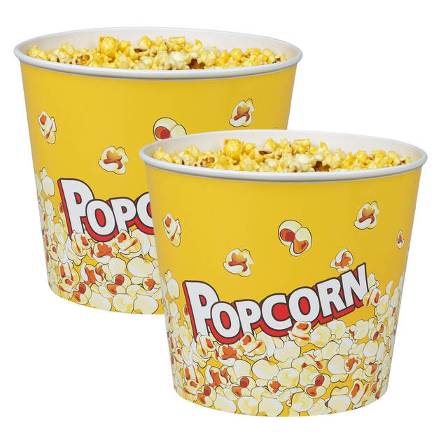 Urban Living Popcorn bak - 2x - geel print - kunststof - D14 - 2.2 liter - herbruikbaar - Snack en tapasschalen