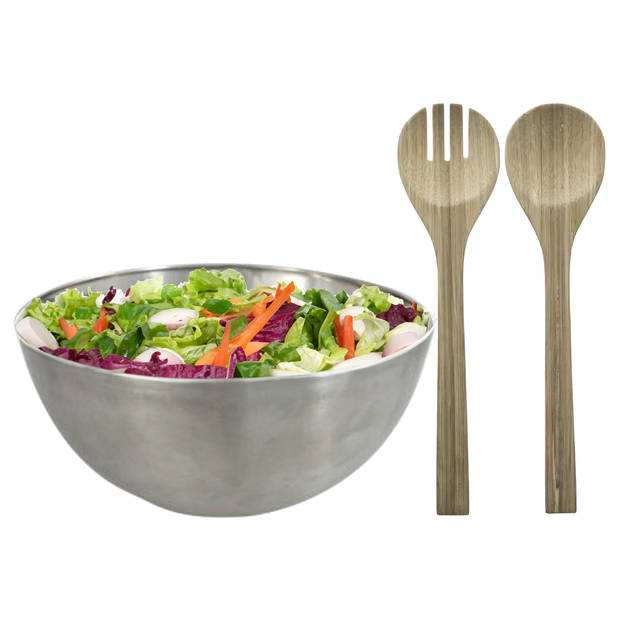 Salade schaal met sla couvert - RVS/bamboe - mat zilver - serveerschaal - D29 x H14 cm - Serveerschalen