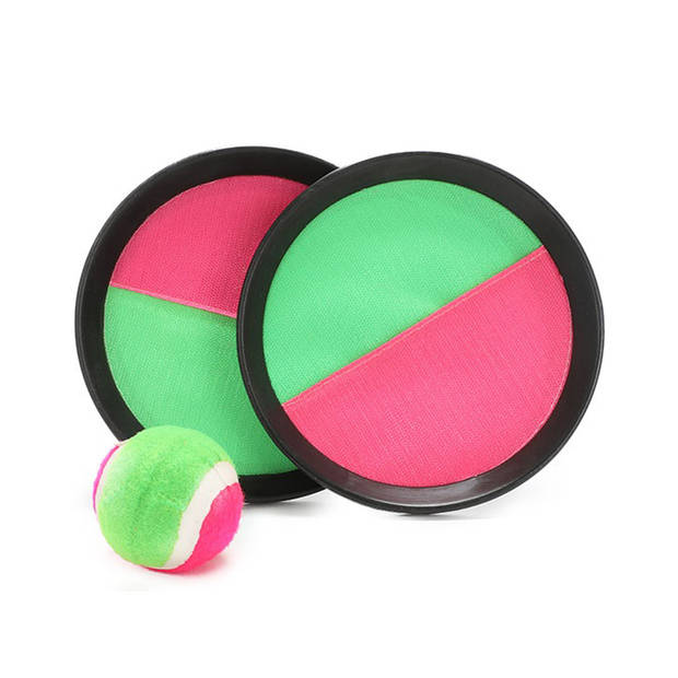 Vangbalspel met klittenband - groen/roze - 2 schilden en 3 balletjes - buiten/strand spellen - Vang- en werpspel