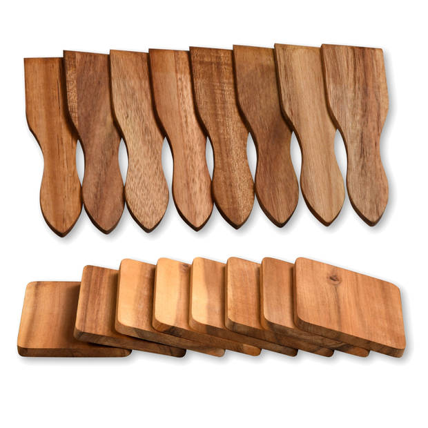 Kesper Gourmetspatels met onderzetters set - 8x - acacia hout - 13 x 4 cm - gourmetten - Keukenspatels