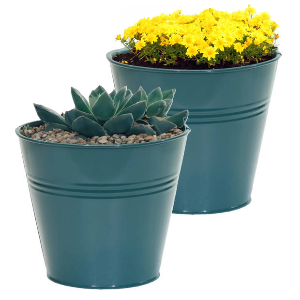 Mega Collections plantenpot/bloempot Bob - 2x - zink - zeegroen - D13 X H12 cm - IJzeren emmer / teil