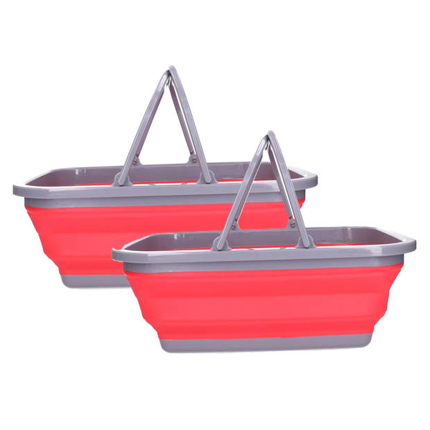 Wasmand/boodschappen mand - 2x - opvouwbaar - met hengsel - kunststof - 30L - rood - 39 x 27 x 14.5 cm - Emmers