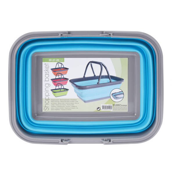 Wasmand/boodschappen mand - 2x - opvouwbaar - met hengsel - kunststof - 30L - blauw - 39 x 27 x 14.5 cm - Emmers