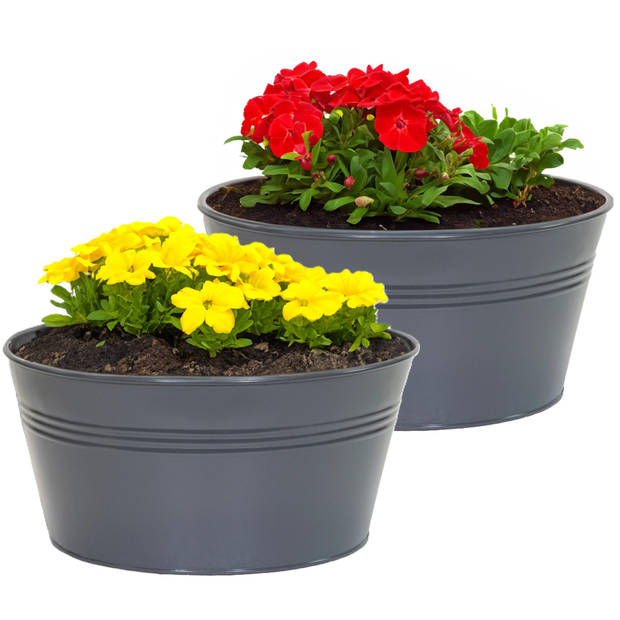 Mega Collections plantenpot/bloempot Bob - 2x - zink - antraciet - D25 X H12 cm - IJzeren emmer / teil