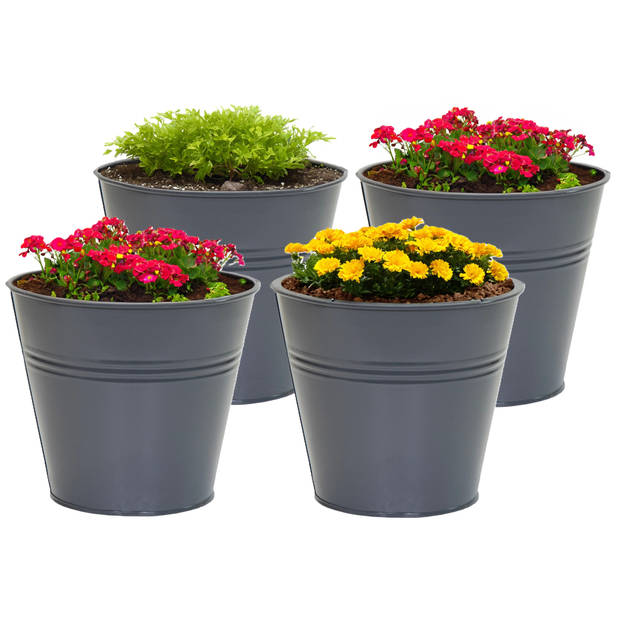 Mega Collections plantenpot/bloempot Bob - 4x - zink - antraciet - D15 X H13 cm - IJzeren emmer / teil