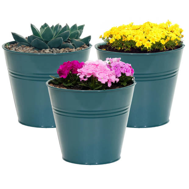 Mega Collections plantenpot/bloempot Bob - 3x - zink - zeegroen - D15 X H13 cm - IJzeren emmer / teil