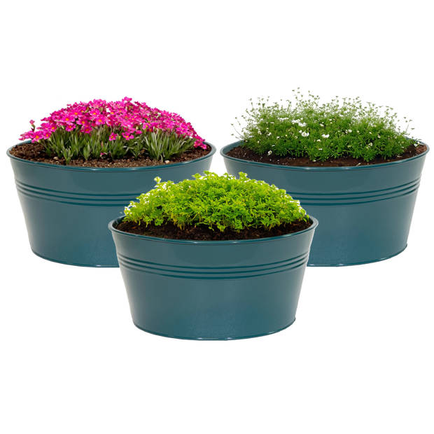 Mega Collections plantenpot/bloempot Bob - 3x - zink - zeegroen - D25 X H12 cm - IJzeren emmer / teil