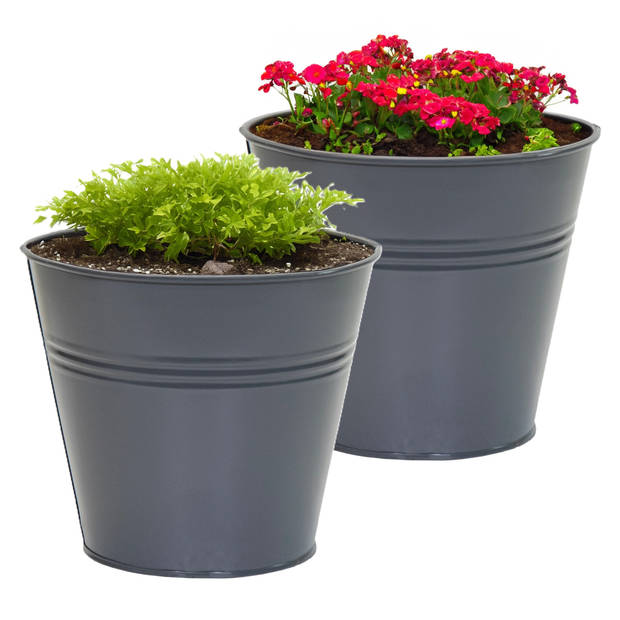 Mega Collections plantenpot/bloempot Bob - 2x - zink - antraciet - D11 X H10 cm - IJzeren emmer / teil