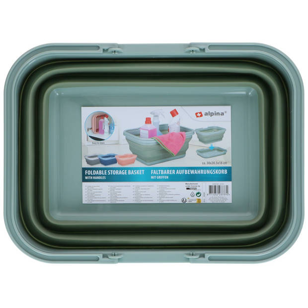 Alpina Wasmand/draagmand opvouwbaar - 2x - kunststof - 19 Liter - groen - 38 x 28 x 18 cm - Emmers