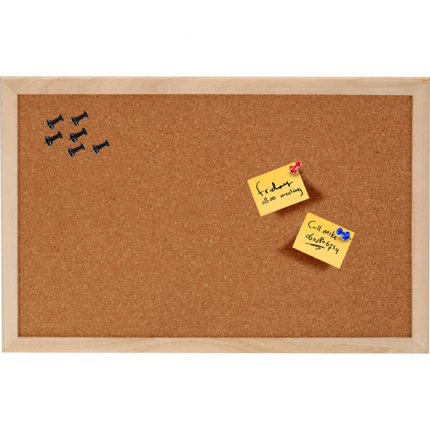 Home & Styling prikbord van hout/kurk - 45 x 30 cm - incl 25x zwarte punt punaises - memobord - Prikborden