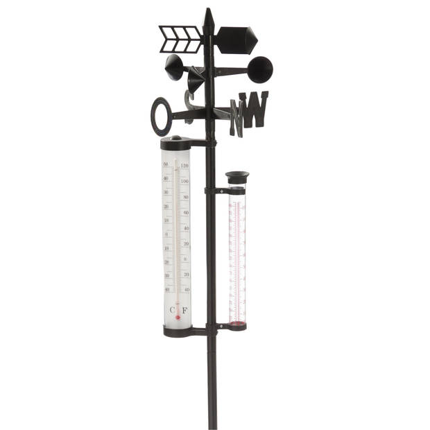 Cepewa tuin regenmeter/weerstation - op stok - 150 cm - metaal - thermometer/windrichting/neerslag - Regenmeters