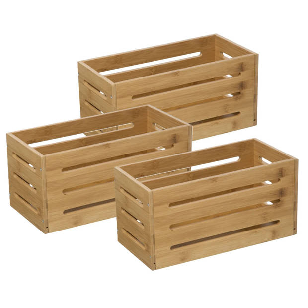 5Five Fruitkisten opslagbox - 3x - open structuur - lichtbruin - hout - L31 x B15 x H15 cm - Opbergkisten