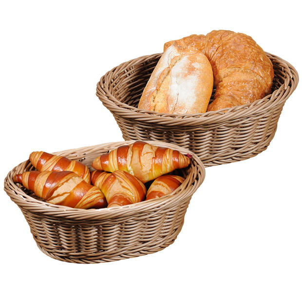 Kesper Brood/fruit mandje - 2x - kunststof - bruin - ovaal - L29 x B23 x H9 cm - broodmandjes - broodmand