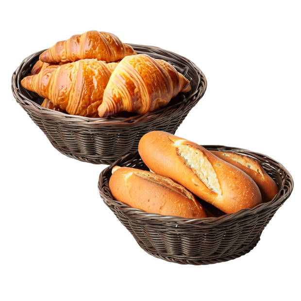 Kesper Brood/fruit mandje - 2x - kunststof - donkerbruin - rond - D28 x H9 cm - broodmandjes - broodmand