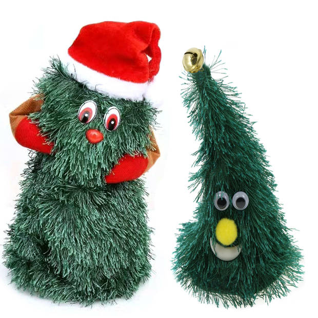 Zingende en dansende kerstboom figuren - 2x st - H16 en H20 cm - groen - Kerstman pop