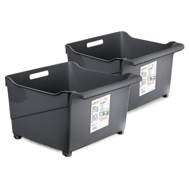 Plasticforte opberg Trolley Container - 2x - zwart - L39 x B38 x H26 cm - kunststof - Opberg trolley