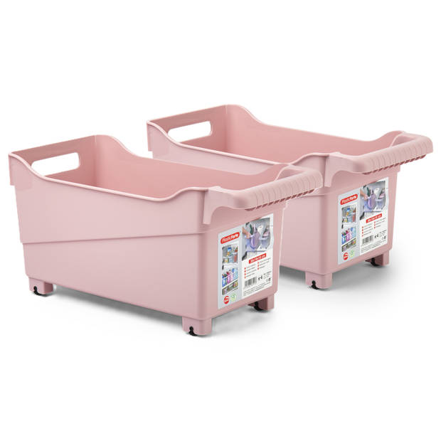 Plasticforte opberg Trolley Container - 2x - roze - L38 x B18 x H18 cm - kunststof - Opberg trolley