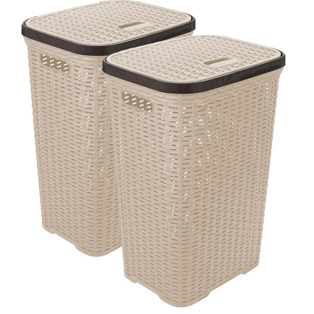 Hega Hogar Wasmand met deksel Rotan - 2x - beige - kunststof - 60L - 34 x 43 x 62 cm - Wasmanden