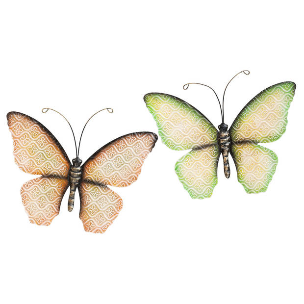 Anna Collection Wanddecoratie vlinders - 2x - groen/oranje - 32 x 24 cm - metaal - muurdecoratie - Tuinbeelden