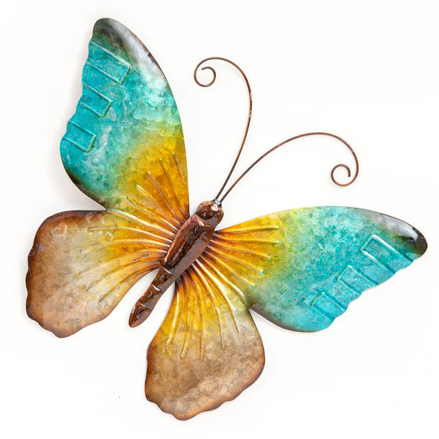 Anna Collection Wanddecoratie vlinders - 2x - blauw/groen - 32 x 24 cm/44 x 32 - metaal - muurdeco - Tuinbeelden