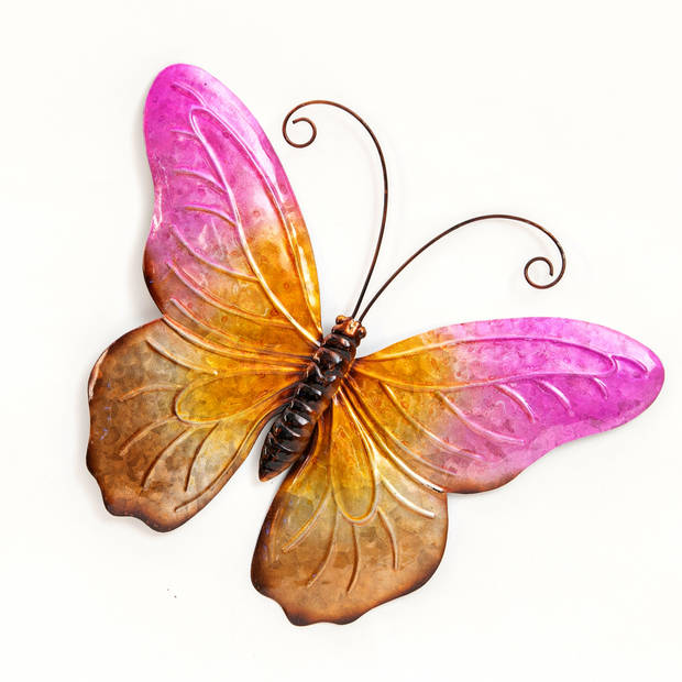 Anna Collection Wanddecoratie vlinders - 2x - groen/roze - 32 x 24 cm/44 x 32 - metaal - muurdeco - Tuinbeelden