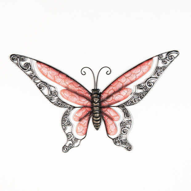 Anna Collection Wanddecoratie vlinders - 2x - rood/groen - 49 x 28 cm - metaal - muurdecoratie - Tuinbeelden