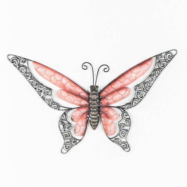 Anna Collection Wanddecoratie vlinders - 2x - groen/rood - 36 x 21 cm/49 x 28 - metaal - muurdeco - Tuinbeelden