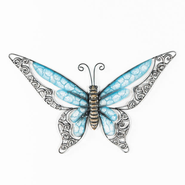 Anna Collection Wanddecoratie vlinders - 2x - blauw/oranje - 36 x 21 cm/49 x 28 - metaal - muurdeco - Tuinbeelden