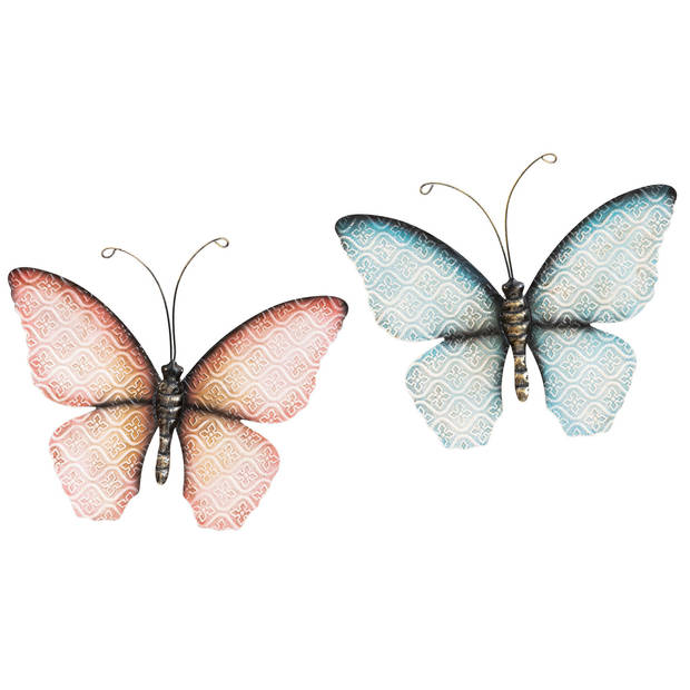 Anna Collection Wanddecoratie vlinders - 2x - blauw/roze - 32 x 24 cm - metaal - muurdecoratie - Tuinbeelden