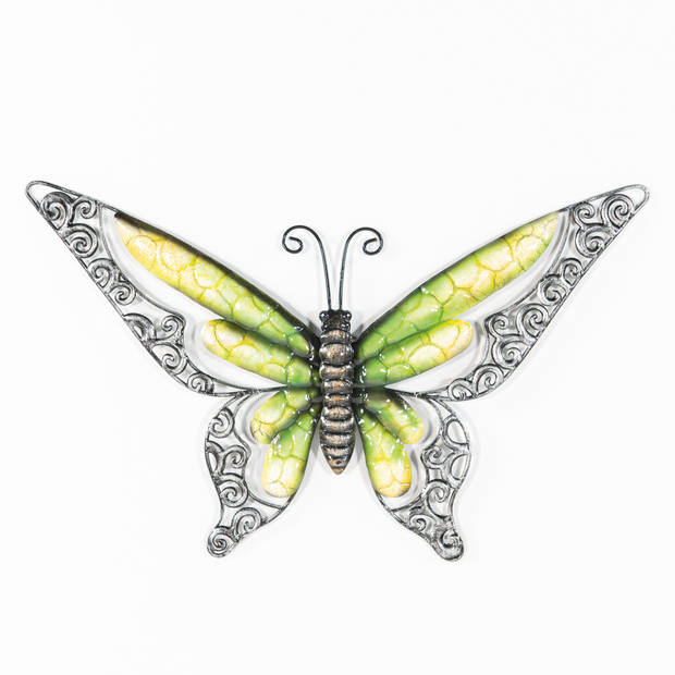 Anna Collection Wanddecoratie vlinders - 2x - groen/oranje - 36 x 21 cm - metaal - muurdecoratie - Tuinbeelden