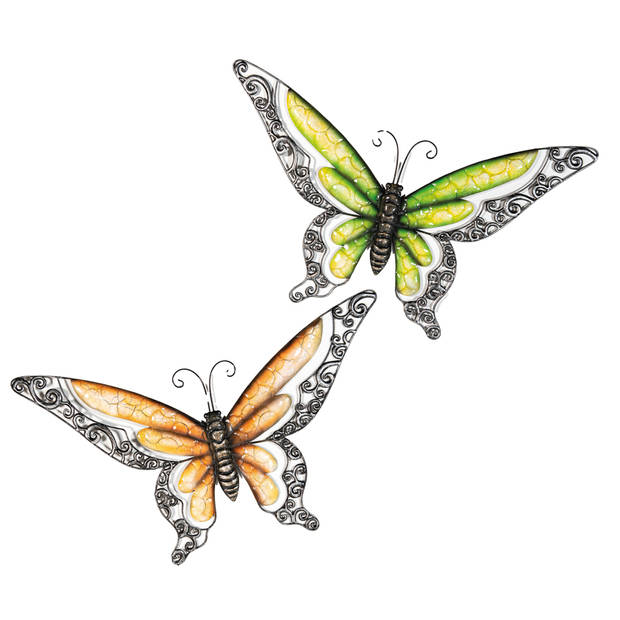 Anna Collection Wanddecoratie vlinders - 2x - oranje/groen - 49 x 28 cm - metaal - muurdecoratie - Tuinbeelden