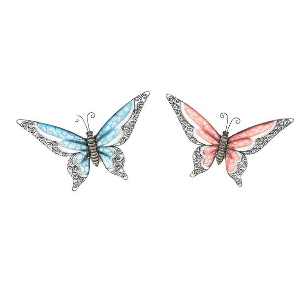 Anna Collection Wanddecoratie vlinders - 2x - blauw/rood - 36 x 21 cm - metaal - muurdecoratie - Tuinbeelden