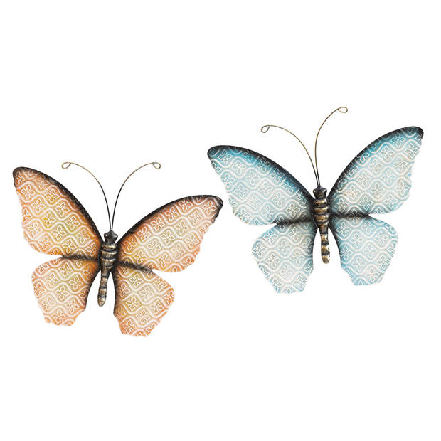 Anna Collection Wanddecoratie vlinders - 2x - blauw/oranje - 32 x 24 cm - metaal - muurdecoratie - Tuinbeelden