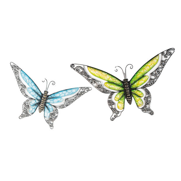 Anna Collection Wanddecoratie vlinders - 2x - blauw/groen - 36 x 21 cm/49 x 28 - metaal - muurdeco - Tuinbeelden