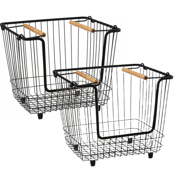 5Five Draagmand/opbergmand met handvat - 2x - stapelbaar - zwart - 33 x 26 x 26 cm - Keukenkastorganizer