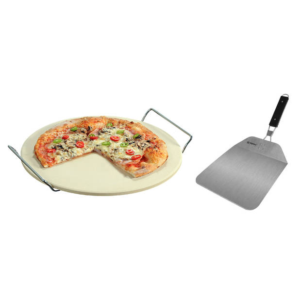 Keramieken pizzasteen rond 33 cm met handvaten en inklapbare RVS pizzaschep 25 cm - Pizzaplaten