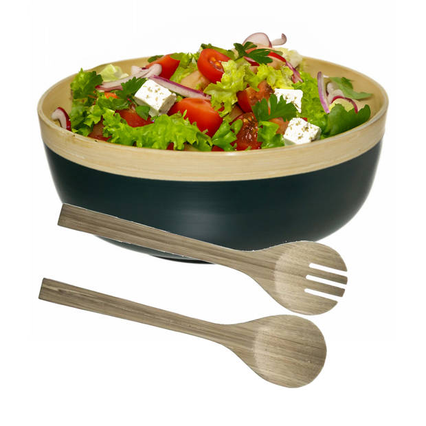 Secret de Gourmet Slakom/schaal met slacouvert - Bamboe - D30 cm - petrol blauw - Saladeschalen