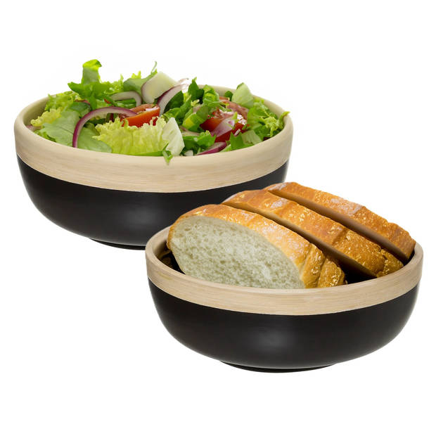 5Five - 2x - serveerschaal/saladeschaal - zwart - bamboe - 20 x 8 cm - rond - Saladeschalen