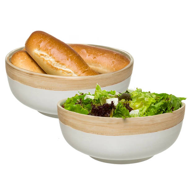 5Five - 2x - serveerschaal/saladeschaal - wit - bamboe - 20 x 8 cm - rond - Saladeschalen