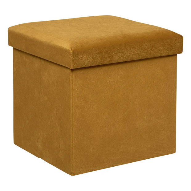 Atmosphera Poef/krukje/hocker Amber - 2x - Opvouwbare opslag box - fluweel Okergeel - D38 x H38 cm - Poefs