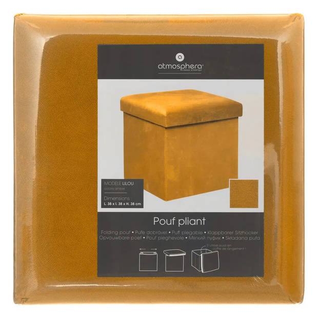 Atmosphera Poef/krukje/hocker Amber - 2x - Opvouwbare opslag box - fluweel Okergeel - D38 x H38 cm - Poefs