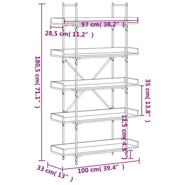 vidaXL Boekenkast 5-laags 100x33x180,5 cm bewerkt hout zwart