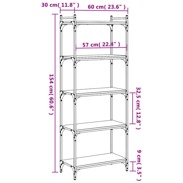 vidaXL Boekenkast 5-laags 60x30x154 cm bewerkt hout bruin eikenkleur