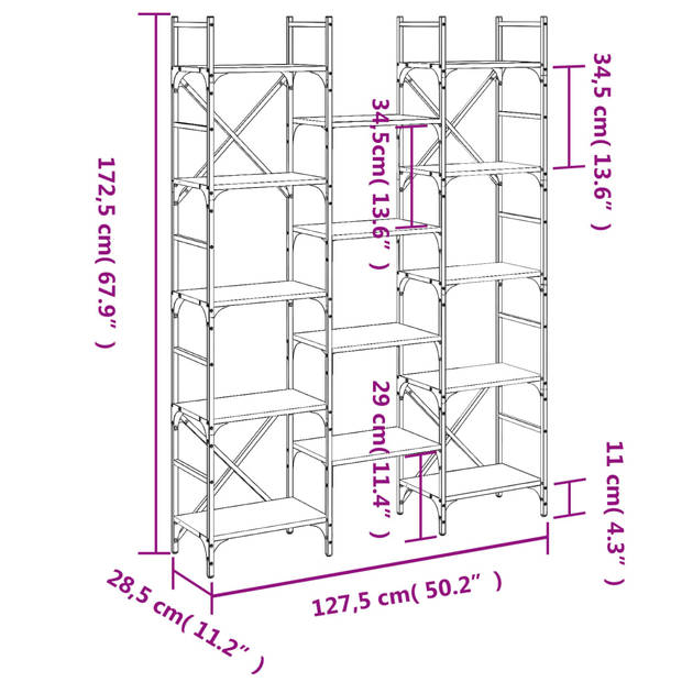 vidaXL Boekenkast 127,5x28,5x172,5 cm bewerkt hout gerookt eikenkleur