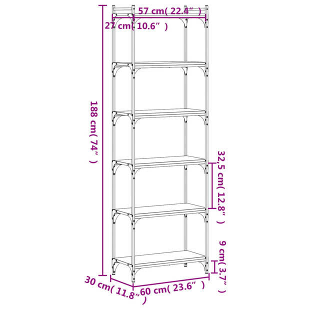 vidaXL Boekenkast 6-laags 60x30x188 cm bewerkt hout gerookt eikenkleur