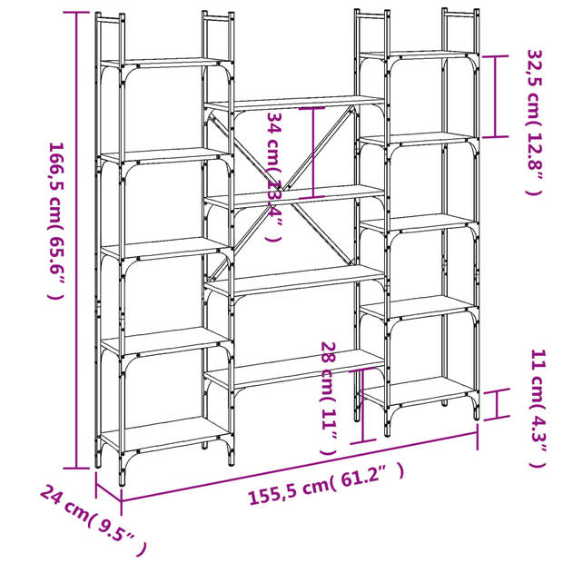 vidaXL Boekenkast 155,5x24x166,5 cm bewerkt hout grijs sonoma eiken