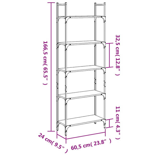 vidaXL Boekenkast 5-laags 60,5x24x166,5 cm bewerkt hout grijs sonoma