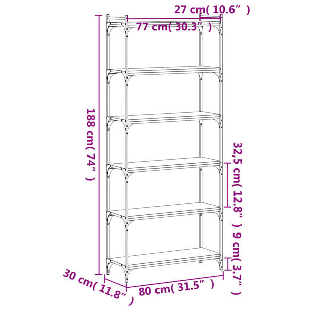 vidaXL Boekenkast 6-laags 80x30x188 cm bewerkt hout gerookt eikenkleur