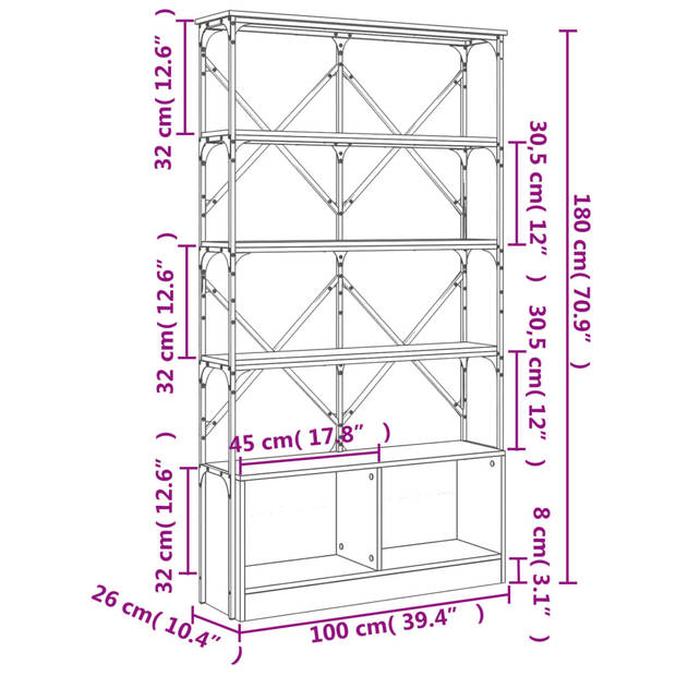 vidaXL Boekenkast 100x26x180 cm bewerkt hout en metaal gerookt eiken